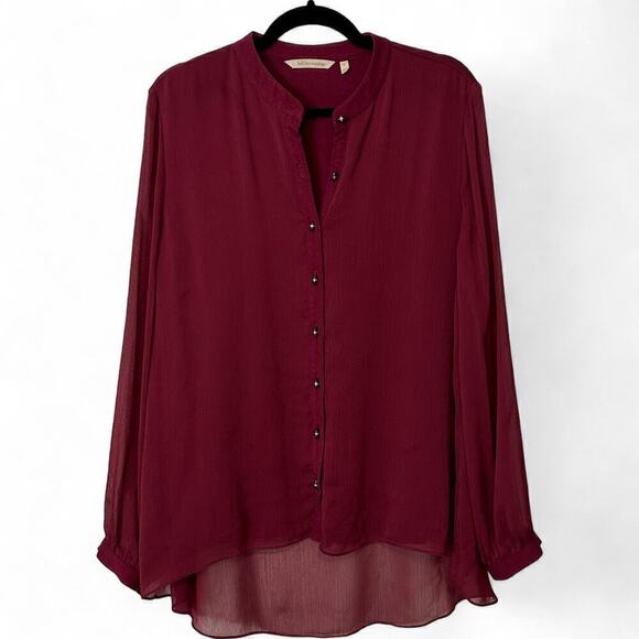 Soft Surroundings Burgundy Collarless Capizzi Top with Sheer Sleeves (L) - Picture 3 of 11